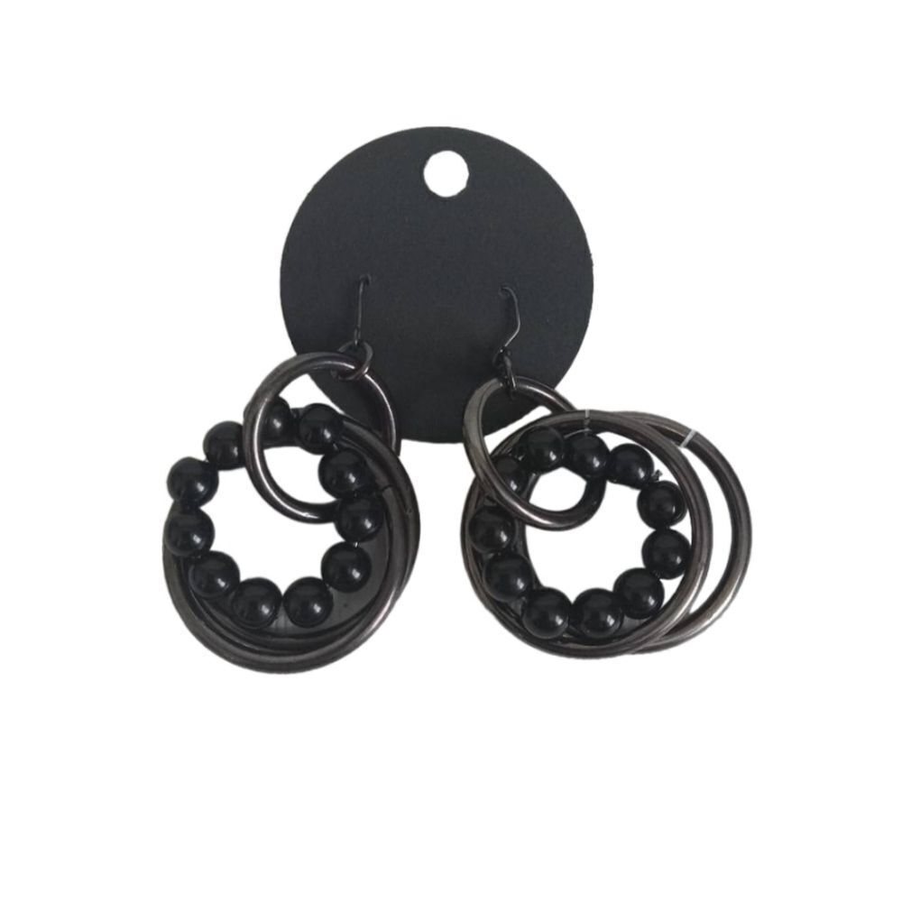 Black & Gunmetal Gray Metal Beaded Interlocked Multiple Hoops Dangle Earrings